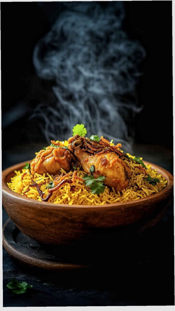 Steaming spiced chicken biryani